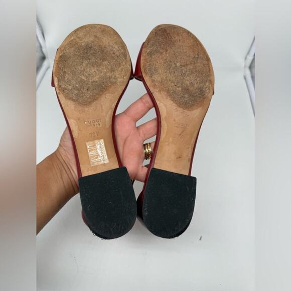 Gucci Burgundy red leather Horsebit ankle strap peep toe low heel sandals EU38.5 - Picture 9 of 11